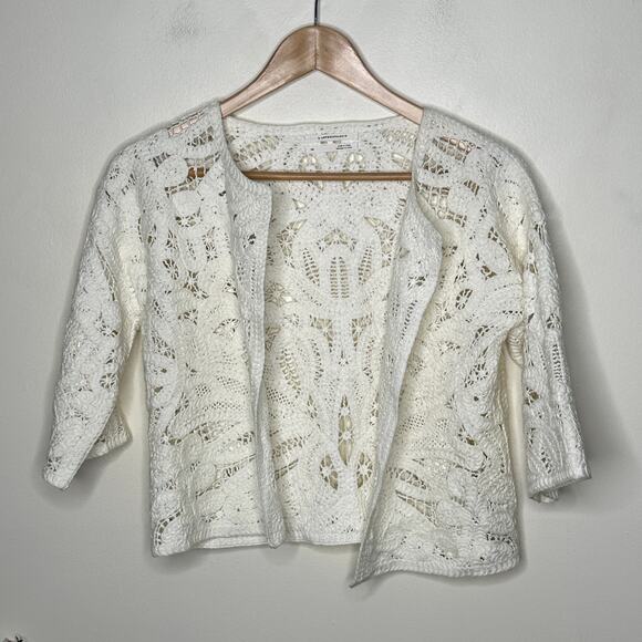 ANTHROPOLOGIE Lace Kimono Cropped Topper Cardigan Ivory Sz XS {3C11} - Picture 2 of 5